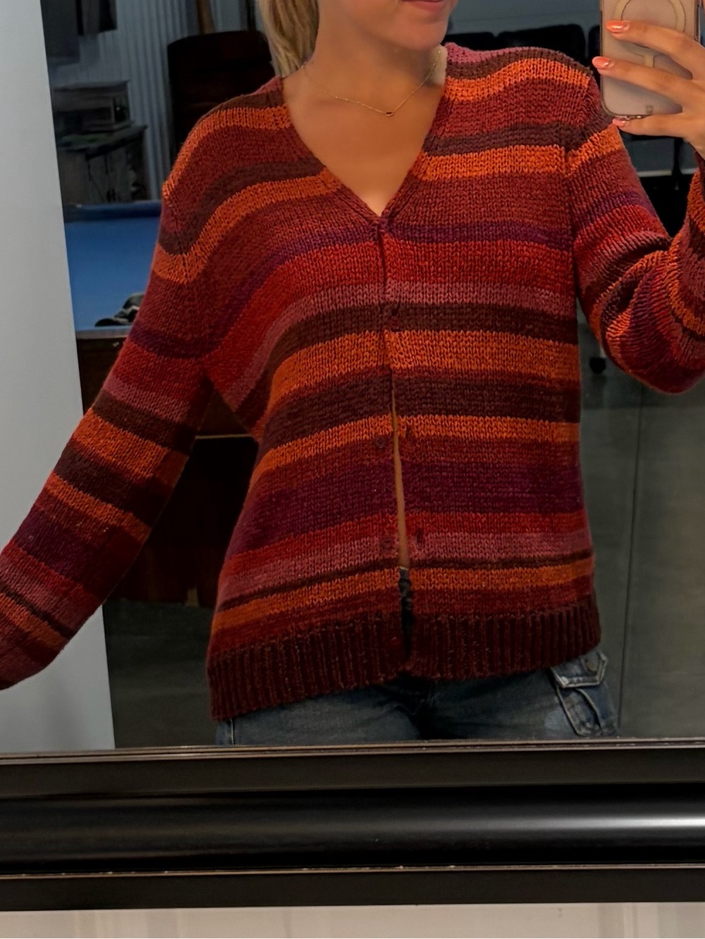 Jones New York Striped V-Neck Cardigan in Pink, Red, Burgundy